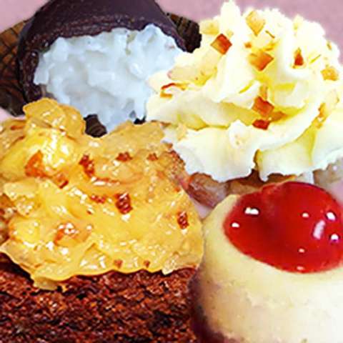 Assorted category: Chocolate-coconut truffle, coconut-cream mini-tart, Brownie bite, and mini-cherry cheesecakes