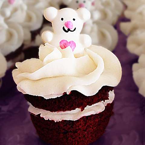 Kids category: White-Chocolate Teddy Bear, shown on a Red-Velvet cupcake with buttercream icing