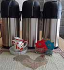 3-liter brushed stainless air pots for coffee, tea, and hot chocolate.
